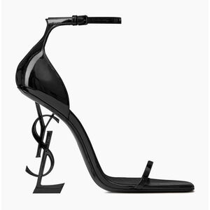 Saint Laurent Opyum 110 Black Patent Leather YSL Logo Sandal Heel Pump 36.5